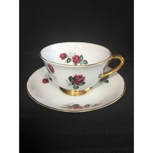 Antique Teacup & Saucer Purple Roses Gold Rim Cadman Studio 1966? Cup Porcelain - Picture 1 of 11